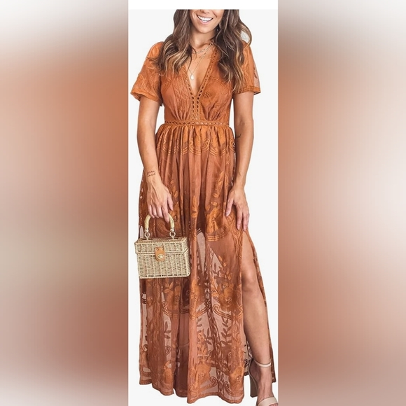 Beautiful Embroidered Rust Lace Maxi Romper - Picture 2 of 4